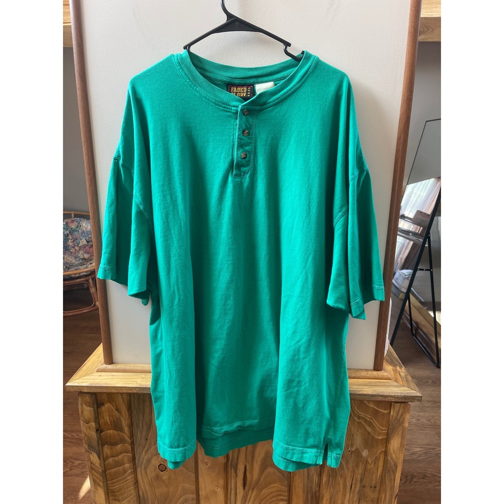 Faded Glory Henley Shirt Mens XL Green Good Short Sleeve 3-Button Casual Tee